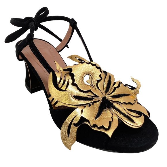 希少✨MARNI Flower Gold BLACK Sandals Marni Leather Flower Fussbett Shoe - Lily White, Black and